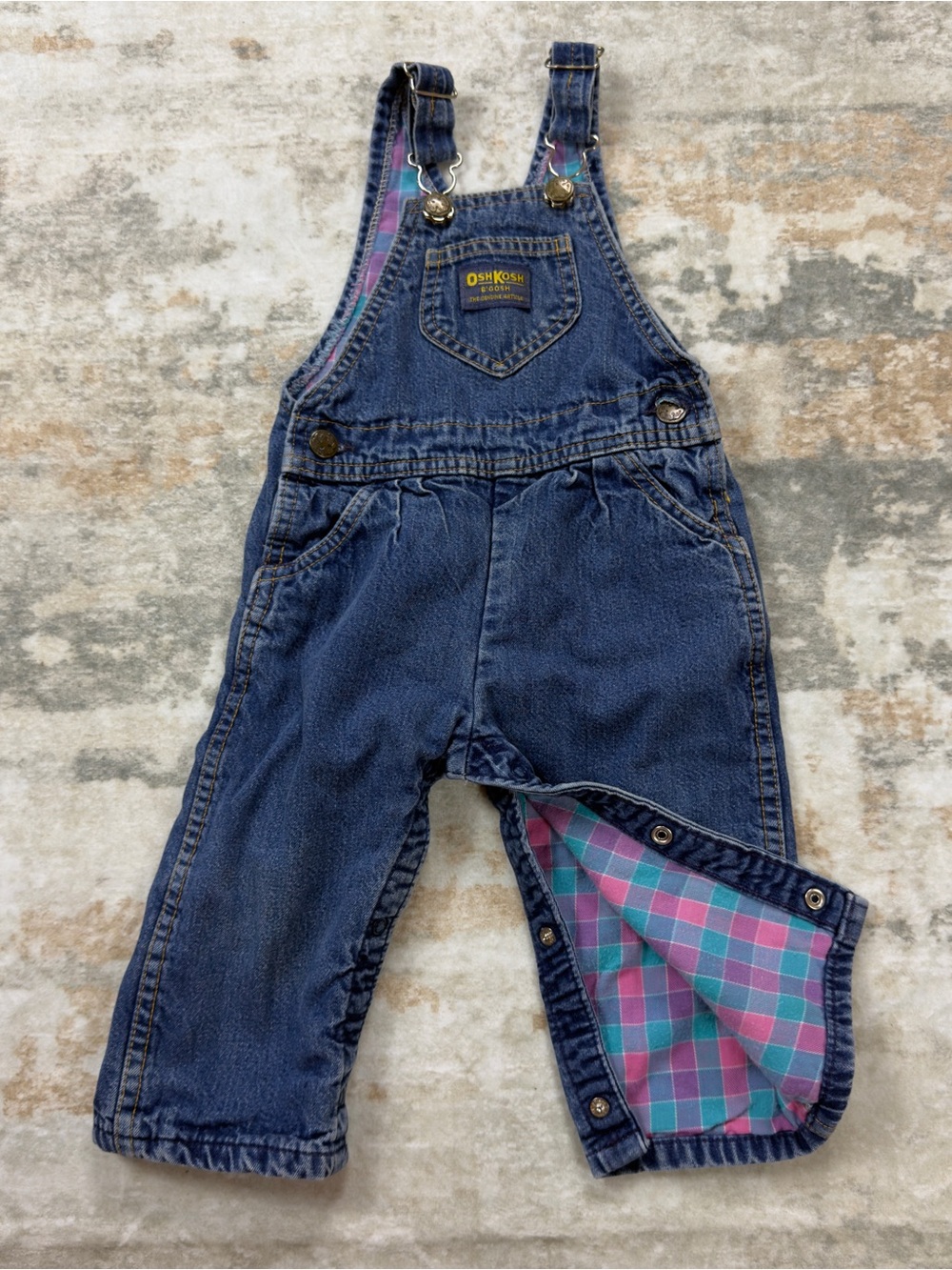 Vtg Oshkosh B’Gosh Denim  Overalls Baby Infant  USA Pastel Plaid Lined 24M